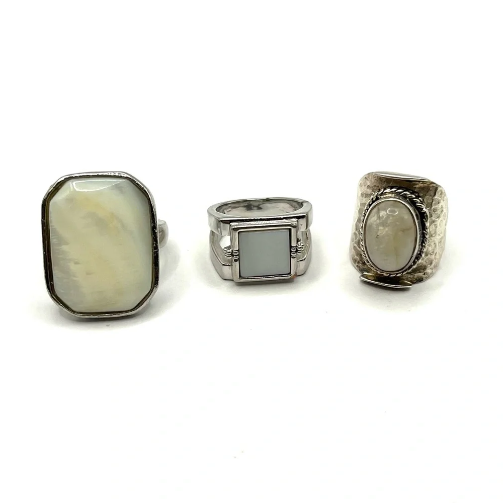 Three Silver Tone Rings with White/Opalescent Stones - Stackable Set